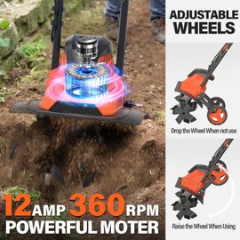 MAXLANDER Electric Garden Tiller Cultivator, 14 Inch 12 Amp Corded Tiller for Gardening with Foldable Handle, 4 Steel Tines, Garden Rototiller with Wheels for Lawn Yard Soil Cultivation