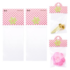 Magibeads 100 Packs Tartan Pink Jewelry Display Bags 3.94 x 2.36 Inches Yellow Flower Clear Hanging Jewelry Storage Organizer Packaging Bags with Hole for Small Business Selling