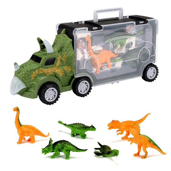 Oderra Dinosaur Toy Truck, Dinosaur Truck Toy with 6 Dinosaur Figures, Birthday Gift Toy from 3 4 5 6 Years Boy Girl Verte
