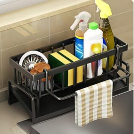 Sink Organiser, Stainless Steel Kitchen Organiser with Self-Draining Drain Tray, Super Organiser for Kitchen and Bathroom, No Drilling, Organiser for Brushes, Sponge, Soap, Dish Cloth Holder (Black)