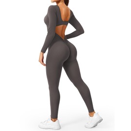 YEOREO Long Sleeve Jumpsuit for Women Workout V Back Bodysuit Lizvette Scrunch Butt Leggings One Piece Romper U Neck Full Length Yoga Bodycon Dark Grey X-Large