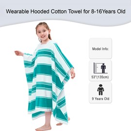 VOOVA & MOVAS Hooded Poncho Towels for Teens (8-16Years), 100% Cotton Thick Poncho Towel for Big Kids, Perfect for Pool, Beach, Bath, Green Bar