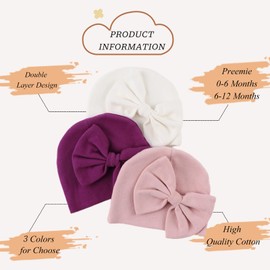 Bamery Newborn Baby Girl Hat Cotton Baby Bow Beanie Preemie Hats Spring Infant Hats for Girls 0-12 Months (Skin Pink+Deep Purple+White, 0-6 Months)
