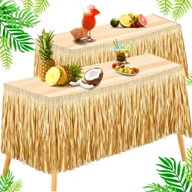 Raffia Brown Grass Table Skirt with Colorful Hibiscus Tropical Luau Table Skirt Tiki Party Decorations Hawaiian Table Skirt Party Fringe Table Skirt for Summer Beach Parties, 158 Inches x 12 ft