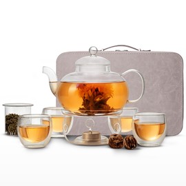 USEEKRIL Travel Glass Teapot Set,Complete Tea Infuser Kit with Leather Case,4 Insulated Glass Teacups&Tea Warmer,Teapot with Infuser for loose Tea,Blooming Flower,Tea Gift Set