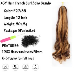 XGY Hair 12 Inch French Curl Boho Braiding Hair P27/33 Short Bob French Curly Braids 5 Packs Curly Slay Braiding Hair French Curl Crochet Hair Skin-friendly Bouncy Synthetic Braid Extensions (P27/33, 12inch)