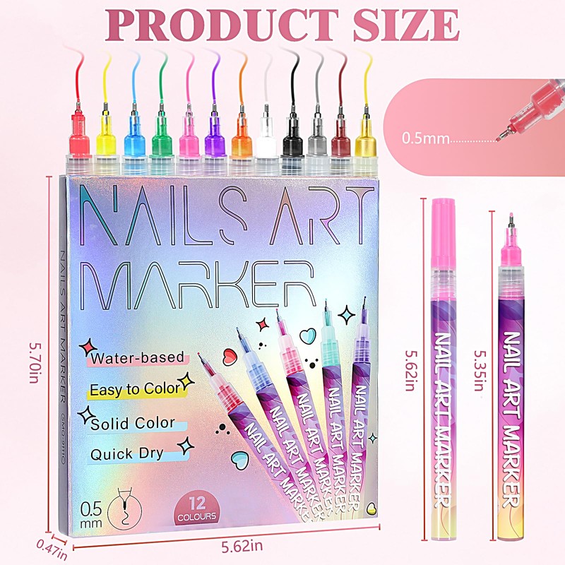 12 Colors Nail Art Pens, 0.5mm Fine Tip 3D Acrylic