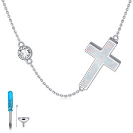 QHQPQ Opal Urn Necklaces for Ashes for Women 925 Sterling Silver Cross Choker Pendant Cremation Memory Jewellery Keepsake Gifts