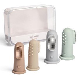 Moonkie - Cepillo de dientes para bebé, kit de limpieza oral para 3 meses +, 4 piezas, tamaño pequeño (arena/gris pardo)/grande (azul/menta)