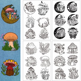 Rngmsi Water Soluble Embroidery Patterns - 4 Sheets Mushroom Designs Stick and Stitch Embroidery Paper Wash Away 24 Pcs Flower Moon Embroidery Transfer Patterns Stabilizers for Hand Sewing