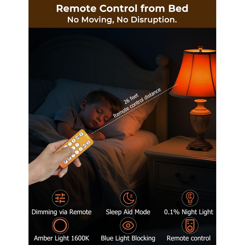 Wivety Sleep Light Bulbs Amber 1600K with Remote Control, E26