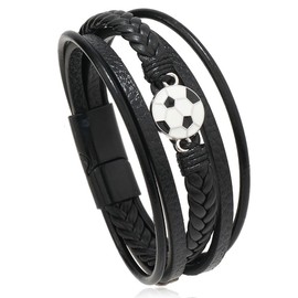 TOFBS Men's Bracelet Football Magnetic Bracelet Leather Bangle Football Braided Genuine Leather Wide Wrap Bracelet with Magnetic Clasp Jewellery Gifts for Men Boyfriend Husband, Leather