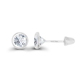 Solid 14K White Gold 4mm Round Created White Sapphire April Birthstone Bezel Screw Back Stud Earrings