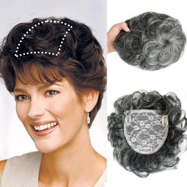 ICRAB Short Curly Real Human Hair Topper with Front Bangs for Women,Breathable Wiglets Hairpieces 5.1x5.5 Large Coverage Women Toupee Clip in Top Wavy Hair Pieces Topper(10",Grey White)