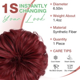 Felendy Messy Bun Hair Piece Wavy Curly Scrunchies Fluffy Donut Thick Updo Elegant Chignon Hairpieces for Women Girls, Dark Red 1.4oz