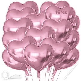 16 Pcs Heart Balloons, 18 Inch Pink Love Heart Shaped Foil Balloons for Wedding Anniversary Birthday Party Valentine Decorations Baby Shower Bridal Shower Engagement Decorations Supplies