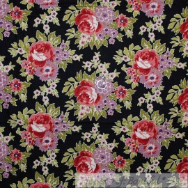 Andover Fabrics BonEful Fabric FQ Cotton Quilt VTG Black Pink Purple Rose Bud Flower Leaf Damask
