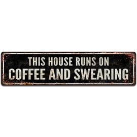 Vintage-Style Metal Street Signs, 16x4 inches, Humorous Wall Art Decor for Home, Bar, Kitchen, Garage, Bathroom, Farm House (Coffee and Swearing)
