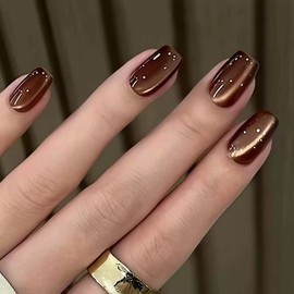 Square Press on Nails Short Fake Nails Cat's Eye False Nails Brown Stick on Nails Sparkly Glue on Nails Cute Artificial Nails for Women 24cps