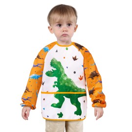 WERNNSAI Dinosaur Art Smock - Kids Aprons for Boys ages 3-8 Waterproof Toddler Art Smock Painting Toddler Apron for Girls with Long Sleeve and 3 Pockets