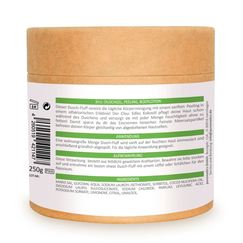 Puremetics 3-in-1 Shower Fluff (250 g), Shower Gel, Peeling and