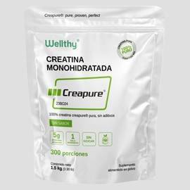 Wellthy Creatina Monohidratada Micronizada Creapure® 1.5kg. 100% Pura. Solo 1 Ingrediente Creatina Alemana Creapure®. 300 porciones, 5g por porción, Pre Enteno con Scoop. Pure. Proven. Perfect.