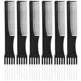 FUTAI Salon Style Hair Combs Black 6 Packs Handmade Hair Pick Barber Comb Carbon Fiber Lift Teasing Comb with Stainless Steel Metal Prong