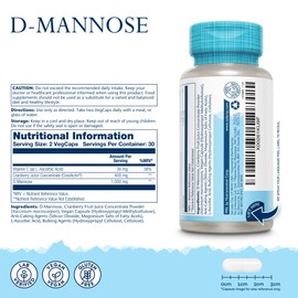 D-Mannose with Cranactin Cranberry and Vitamin C - 60 Vegan Capsules Not Tablets - D Mannose Supplement - Non GMO & Lab Verified - Solaray