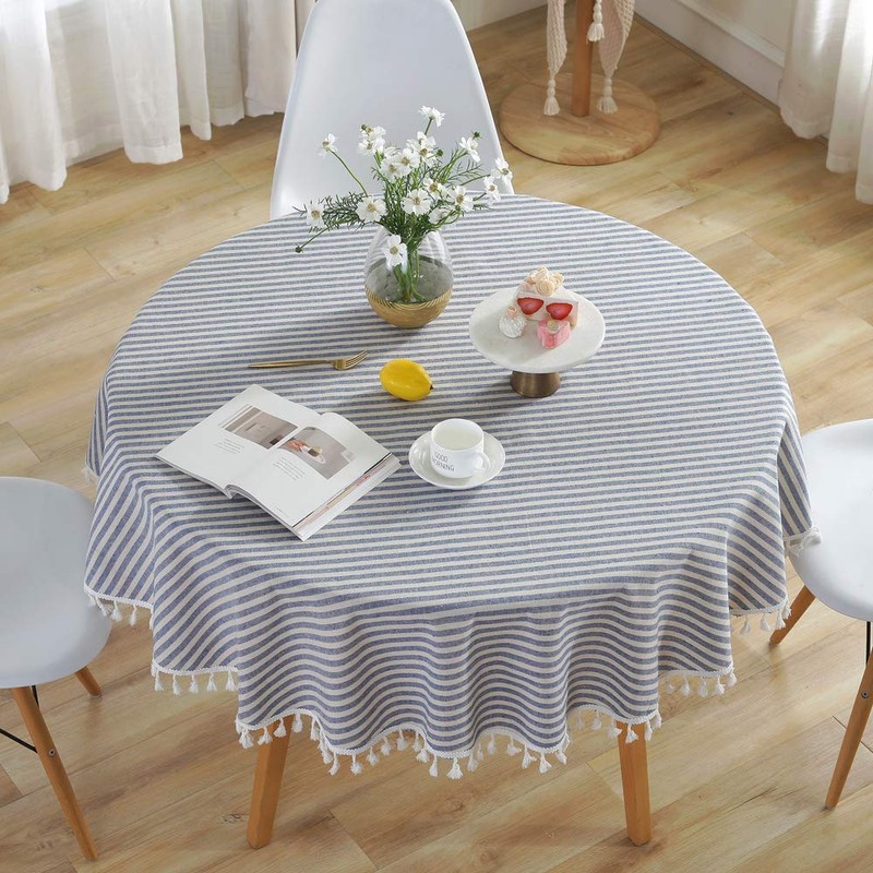 Plenmor Cotton Linen Table Cloth Stripe Tassel Round Tablecloth Dust-Proof