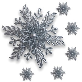 Silver Snowflake Ornaments - Set of 6 - Glittered Christmas Ornaments - 3-D Snowflakes - Silver Winter Holiday Party Décor 5 3/4" D