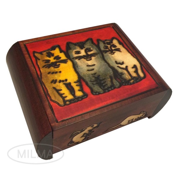 Three Cats Secret Wooden Keepsake Box Polish Handmade Jewelry Box