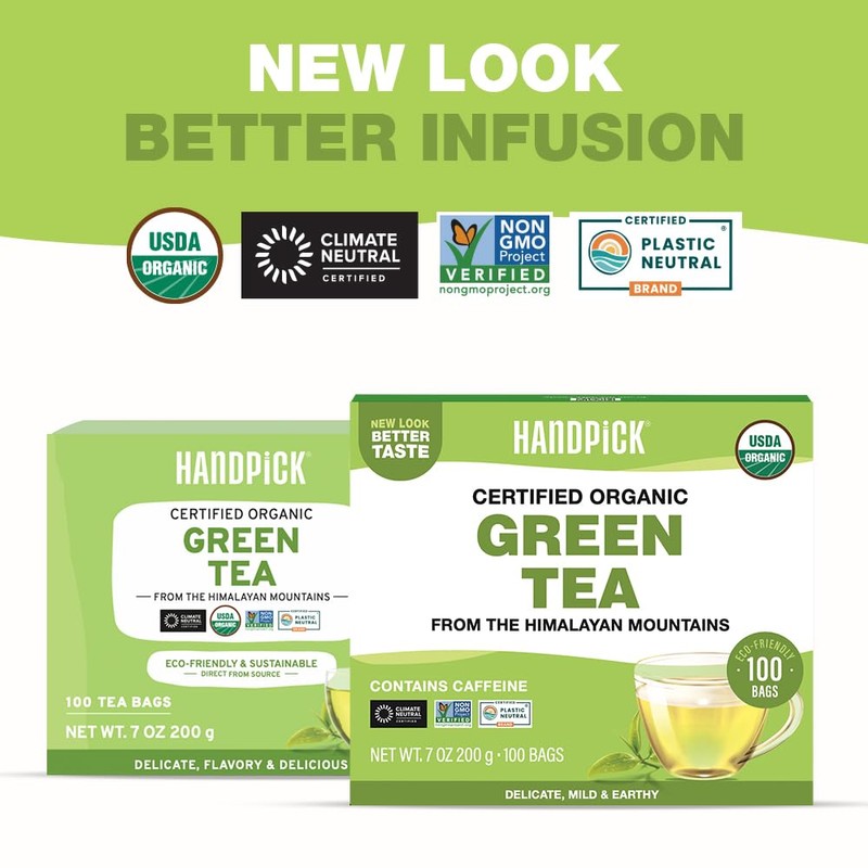 HANDPICK, Organic Green Tea Bags - 100 Eco-Friendly Tea Bags