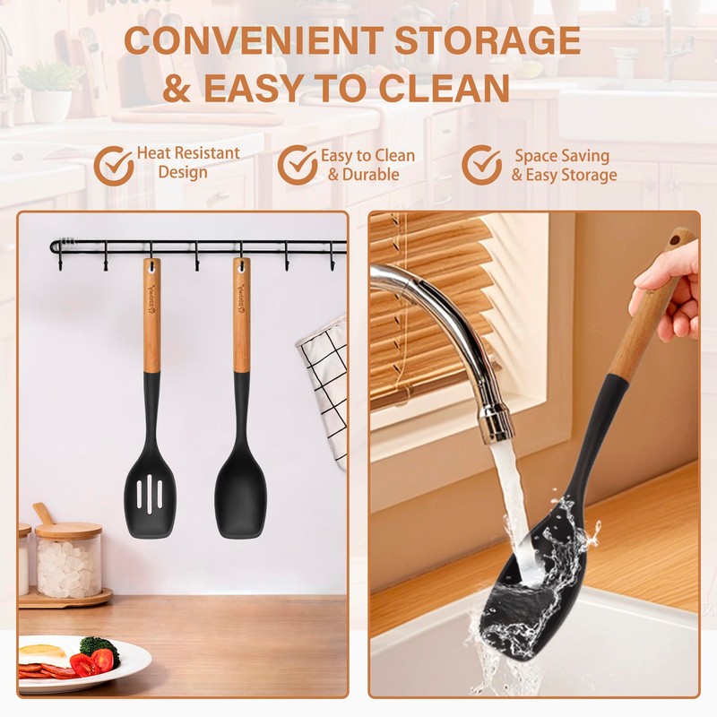 Large Silicone Cooking Spoon Set, 2 Pack Solid Slotted Spoon