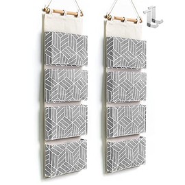 2Pcs Over Door Hanging Storage Bags Wall Mount Closet Organizer, 4 Big Pockets Linen Cotton Fabric Multi Functional Living Room Bedroom Bathroom File Magazine Waterproof Free Hooks Grey