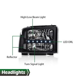 GRAND ORANGE LED DRL Headlights Assembly, Compatible with 2005 2006 2007 Ford F250 F350 F450 F550 Super Duty bumper Headlamp, Amber Corner Headlight（Clear lens Black Housing Clear Reflector）