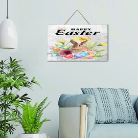 Happy Easter Bunny Rabbit Wooden Plaque Sign Vintage Living Room Wall Art Decorative Wooden Signs Cute Yellow Blue Floral Tulip Wood Sign for Kitchen Bathroom 6x10 Inch