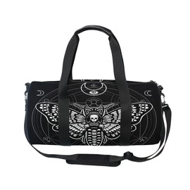 ALAZA Gym Bag Travel Bag Womens Mens for Travel Sports Camping Yoga Swim, Black Skull Moth Small Round Foldable Duffle Bag with Shoulder Strap Top Handle