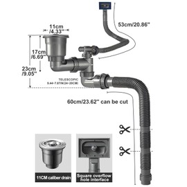 QruiLanTu One Sink Kitchen Sink Drain Kit Space Saving Flexible Drain Pipe Flexible P-Trap Drain Strainer with 3-1/2 Inch Sink Drain Assembly Kit 304 Stainless Steel
