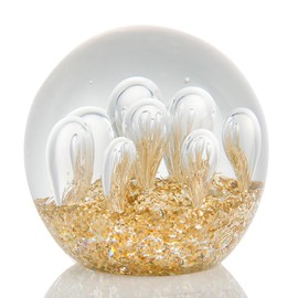 2.95" Crystal Figurines Ball Gold Bubble Corals Ocean Waves Hand Blown Glass Orb Art Paperweight for Decor Sea Lovers Office Collectible Ornament for Women (Golden)