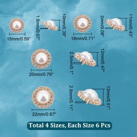 NBEADS 24 Pieces 4 Sizes Metal Flower Pearl Button, 1 Hole Rhinestone Shank Buttons, Flat Round Buttons with Plastic Bead for Overcoat, Garment Accessories, DIY Project, Golden