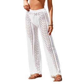 BreathSunny Womens Crochet Knit Elastic Waist Tie Swimsuit Coverup Pant Summer 2025 Trendy Outfits Wave Hem Hollow Out Mesh Swimwear Coverups Beach Swim Bathing Suit Cover Up Flare Pants White S