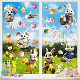 AhfuLife Easter Window Cling, 9 Sheets Larger 3D Easter Bunny Chick Rabbit Window Stickers, Happy Easter Easter Eggs Flower Spring Window Cling for Home, Office, School Party Decoration Supplies