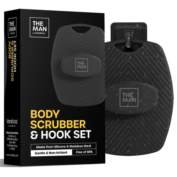 The Man Body Scrubber & Hook Set - Silicone Body Scrubber for Men - Shower Scrubber for Men Body - Hygienic & Easy to Clean - Invigorating Bristles & Non-Slip Handle - Bathroom Accessory (1 Set)
