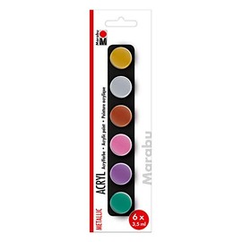 Marabu 1210000000205 – Starter Set Acrylic Paints Metallic, 6 Colours in 3.5 ml Bowls, Water-Based, Waterproof and Fade-resistant, Quick-Drying for Stretcher Frame, Paper, Cardboard, Wood