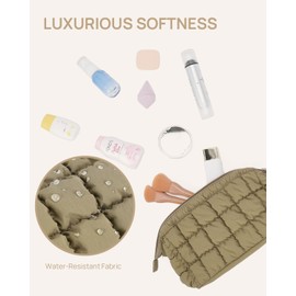 Telena Puffer Makeup Bags for Women, Nylon Puffy Padded Make Up Bags for Women Makeup Organizer Case, Wide-open Makeup Pouch Travel Essentials (Dark-Khaki)