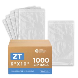 CASE OF 1000 CLEAR PLASTIC RECLOSABLE Zip BAGSBulk 2 mil Thick Strong & Durable Poly Baggies With Resealable Zipper Top Lock For Travel, Storage, Packaging & Shipping. (6x10)