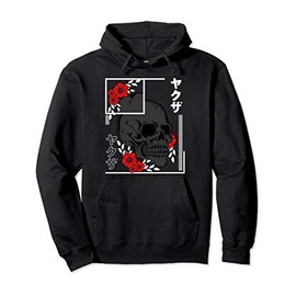 Skull Roses Japanese Retro Vintage Asian Characters Kanji Pullover Hoodie