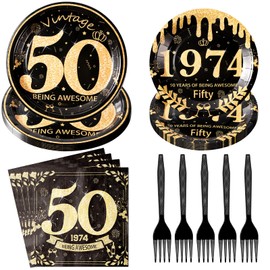 96Pcs 50th Birthday Supplies 50th Birthday Party Tableware Set Disposable Black Gold Vintage 1974 Party Plates and Napkins for Men Women Cheers to 50 Years Birthday Party Decorations, Serve 24