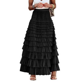 Flygo Women's Long Maxi Tulle Skirts A Line Ruffle High Waisted Tiered Layered Mesh Tutu Skirt Petticoat(Black-M)