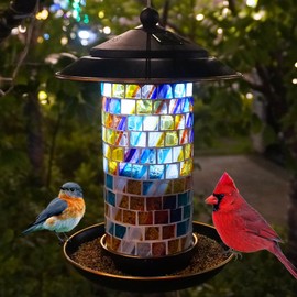 elfonsol Solar Bird Feeder for Outdoor Hanging - Small Bird Seedes Feeder with Mosaic Stained Glass for Cardinals and Finches - Garden Decor Gift for Parents and Bird Lover (1.5lbs Capacity, Sunset)